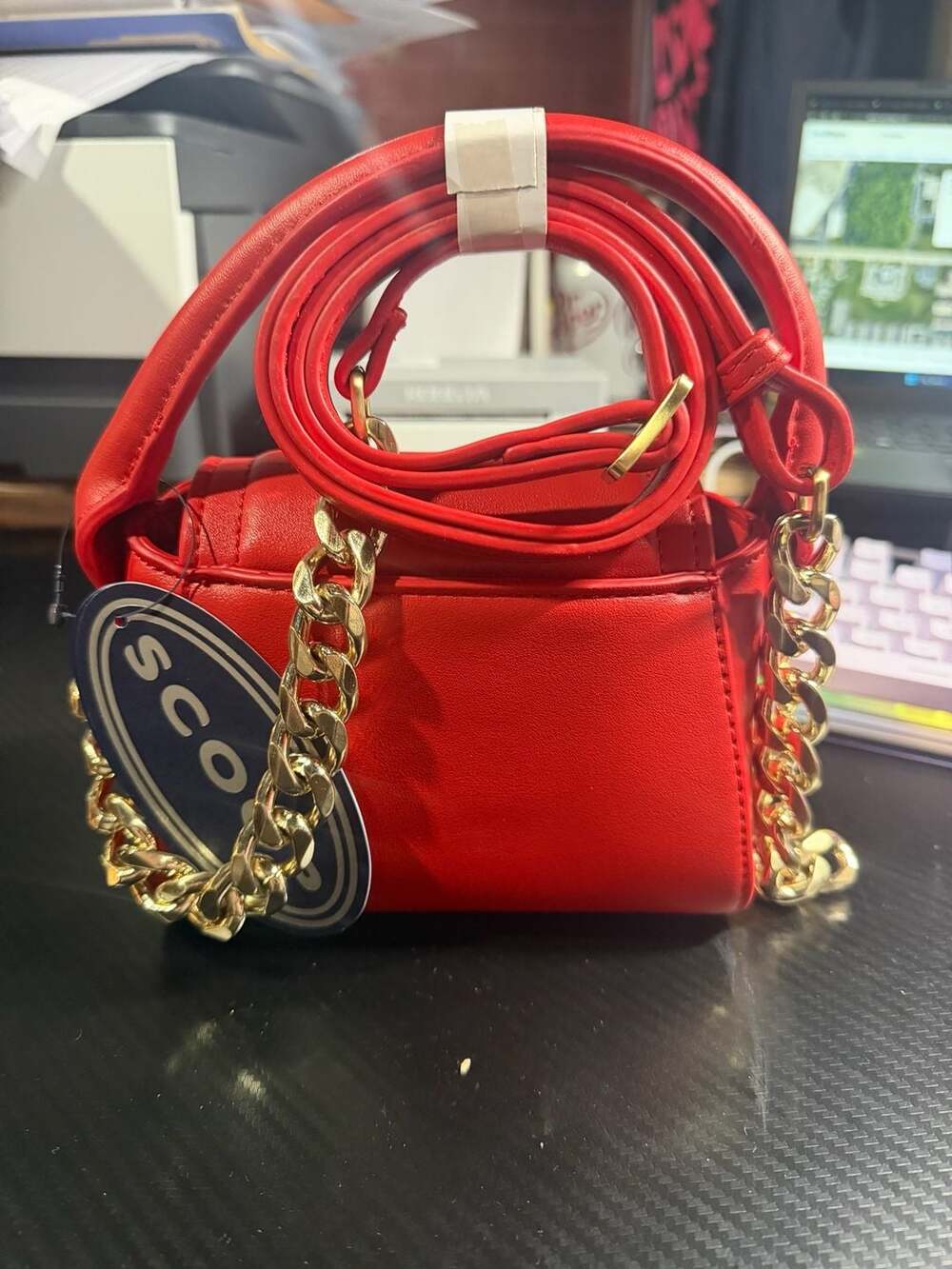Scoop Red Faux Leather Mini Top Handle Bag with Gold Chain Crossbody Strap